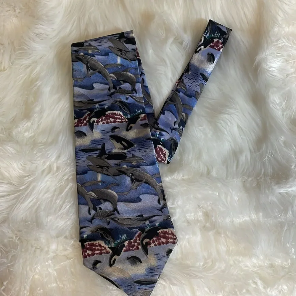 LOST KINGDOM Mens Dolphin and Whale Pattern Necktie 58” L